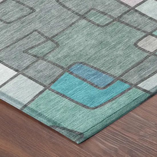 8' Teal Blue And Plum Round Geometric Washable Indoor Outdoor Area Rug Photo 6