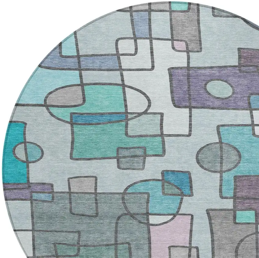 8' Teal Blue And Plum Round Geometric Washable Indoor Outdoor Area Rug Photo 2