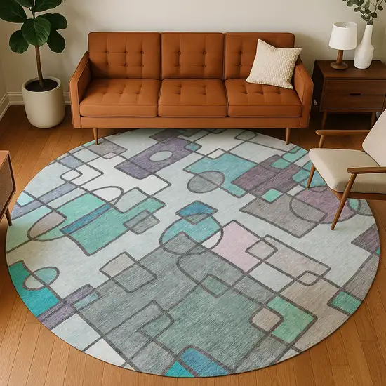 8' Teal Blue And Plum Round Geometric Washable Indoor Outdoor Area Rug Photo 5