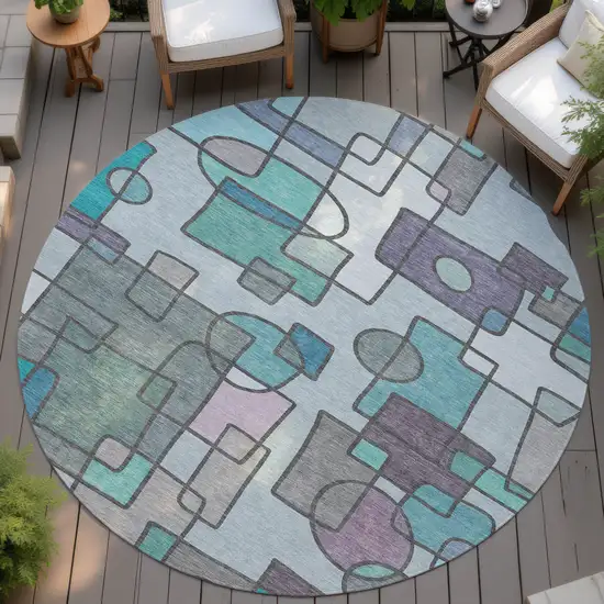 8' Teal Blue And Plum Round Geometric Washable Indoor Outdoor Area Rug Photo 4