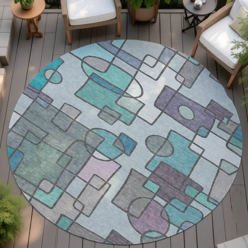 8' Teal Blue And Plum Round Geometric Washable Indoor Outdoor Area Rug Photo 4