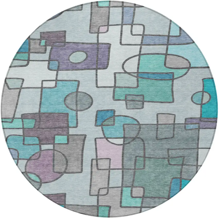 8' Teal Blue And Plum Round Geometric Washable Indoor Outdoor Area Rug Photo 3