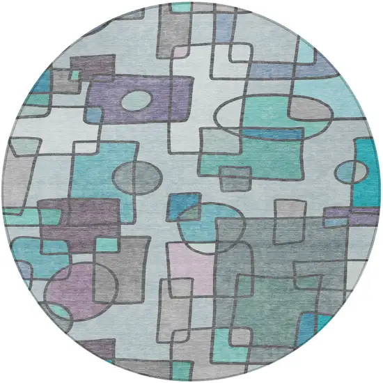 8' Teal Blue And Plum Round Geometric Washable Indoor Outdoor Area Rug Photo 3