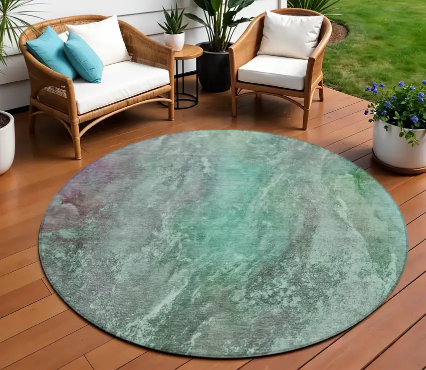 8' Teal Blue And Purple Round Abstract Washable Indoor Outdoor Area Rug Photo 1