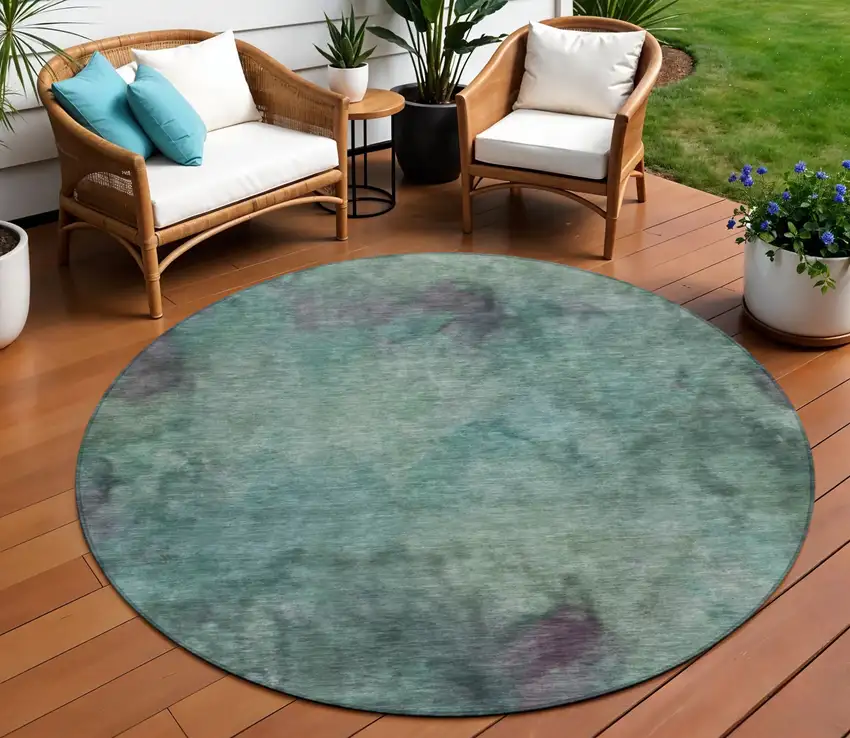 8' Teal Blue And Purple Round Abstract Washable Indoor Outdoor Area Rug Photo 1