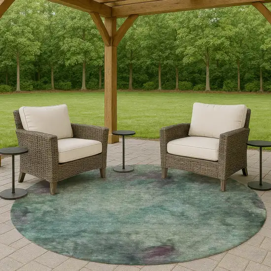 8' Teal Blue And Purple Round Abstract Washable Indoor Outdoor Area Rug Photo 8