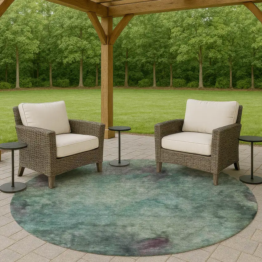 8' Teal Blue And Purple Round Abstract Washable Indoor Outdoor Area Rug Photo 8