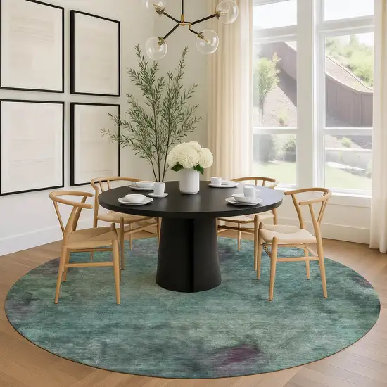 8' Teal Blue And Purple Round Abstract Washable Indoor Outdoor Area Rug Photo 9