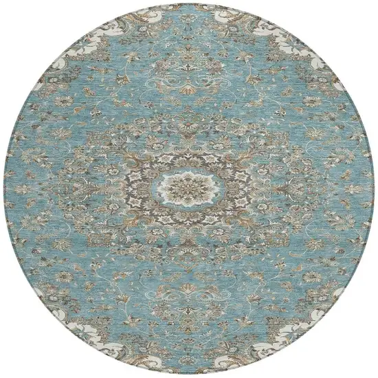 8' Teal Blue And Sage Round Floral Medallion Washable Indoor Outdoor Area Rug Photo 3