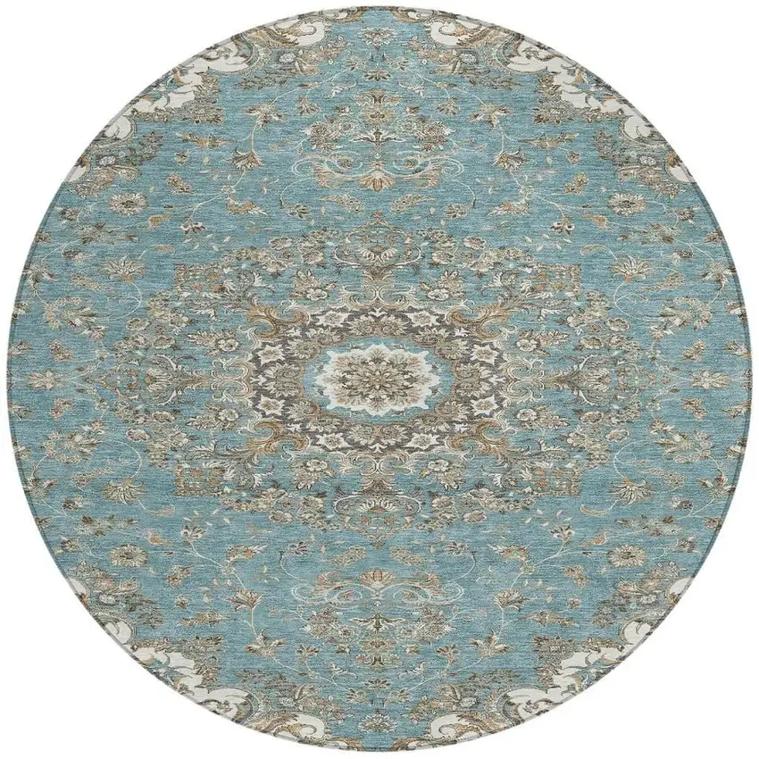 8' Teal Blue And Sage Round Floral Medallion Washable Indoor Outdoor Area Rug Photo 3