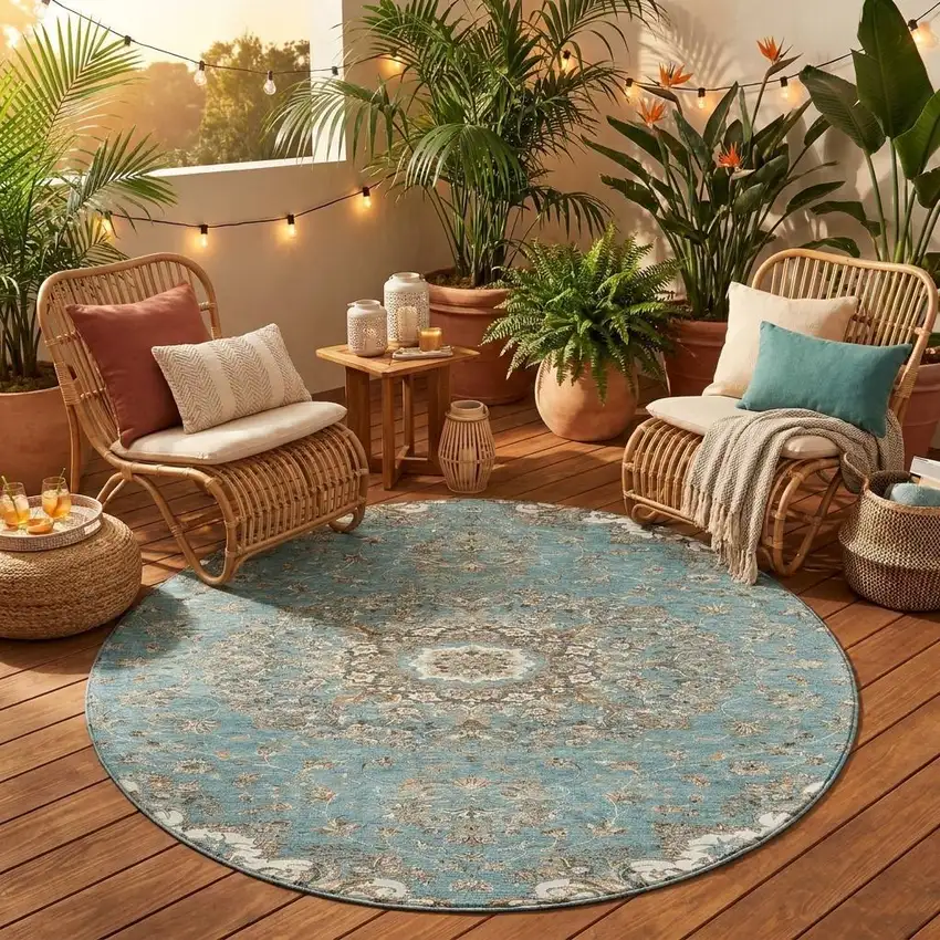 8' Teal Blue And Sage Round Floral Medallion Washable Indoor Outdoor Area Rug Photo 1