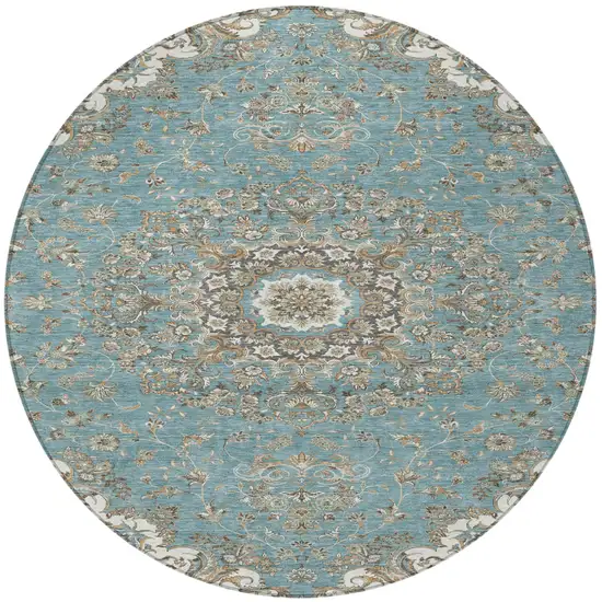8' Teal Blue And Sage Round Floral Medallion Washable Indoor Outdoor Area Rug Photo 4