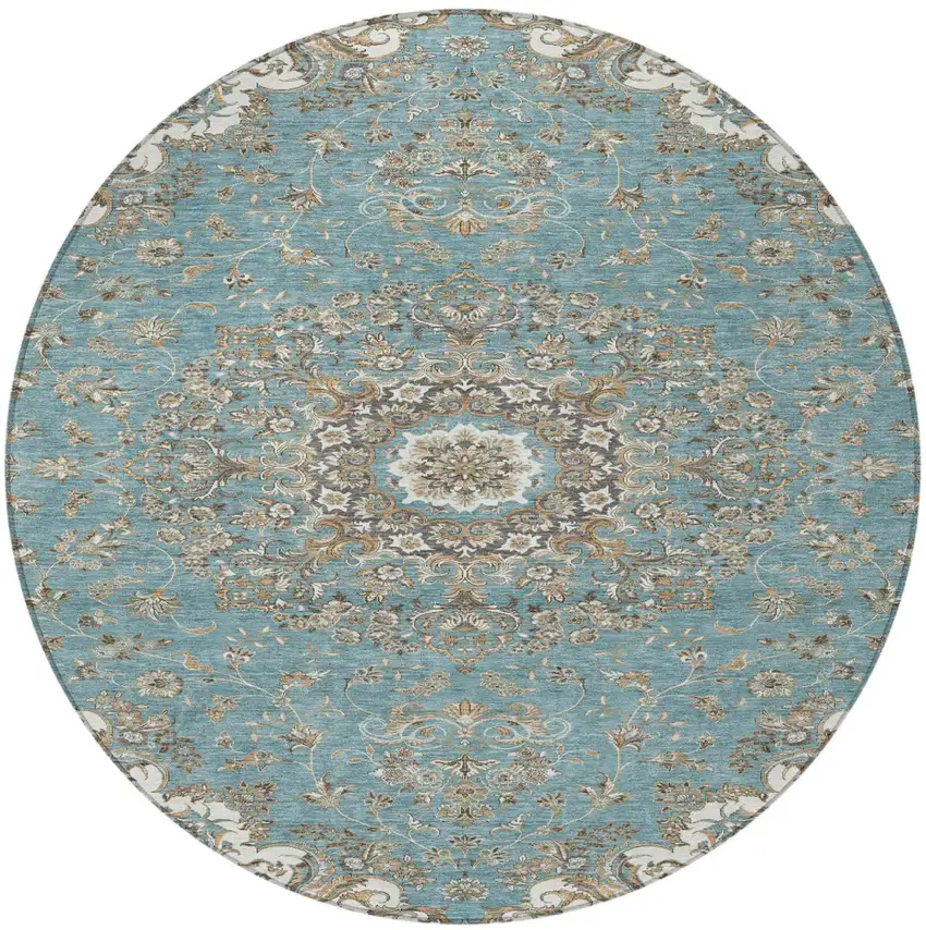 8' Teal Blue And Sage Round Floral Medallion Washable Indoor Outdoor Area Rug Photo 4