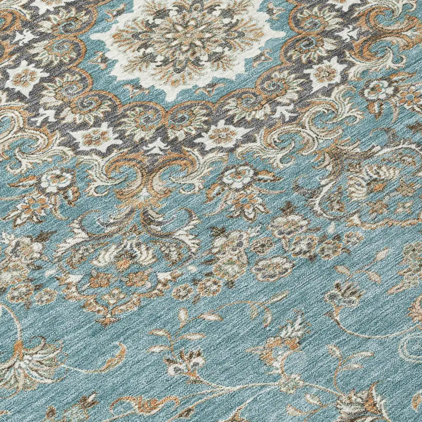 8' Teal Blue And Sage Round Floral Medallion Washable Indoor Outdoor Area Rug Photo 6