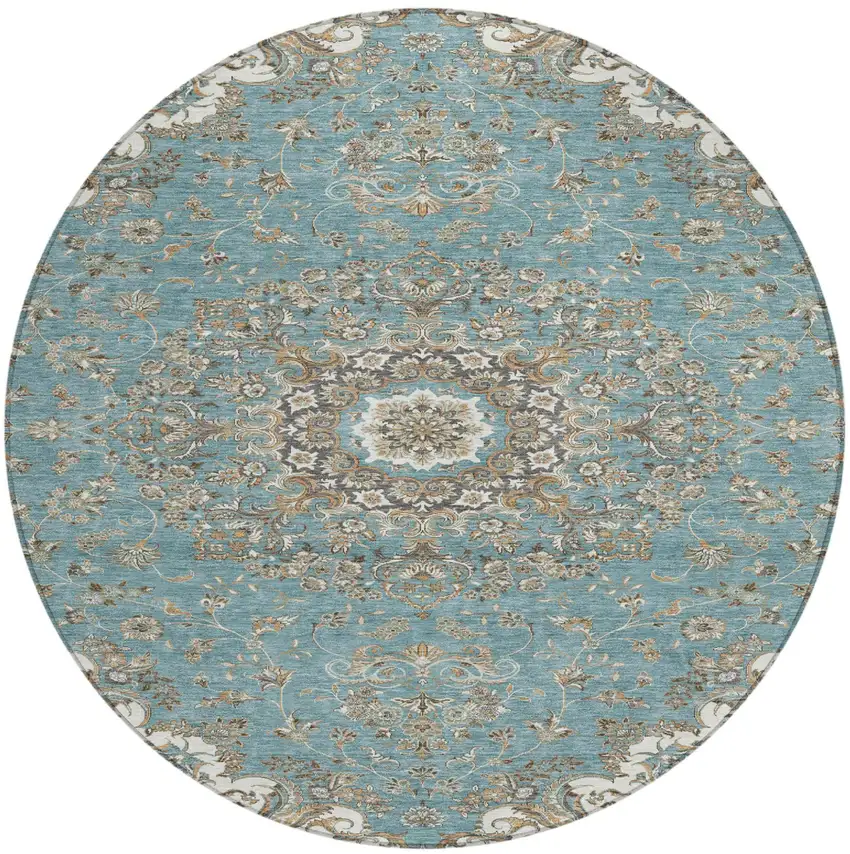 8' Teal Blue And Sage Round Floral Medallion Washable Indoor Outdoor Area Rug Photo 2