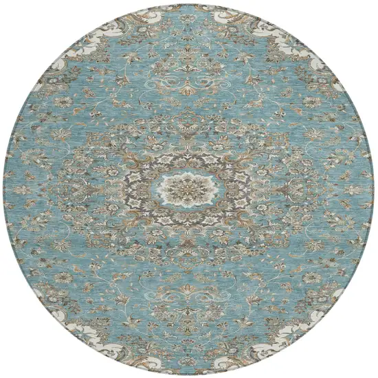 8' Teal Blue And Sage Round Floral Medallion Washable Indoor Outdoor Area Rug Photo 2