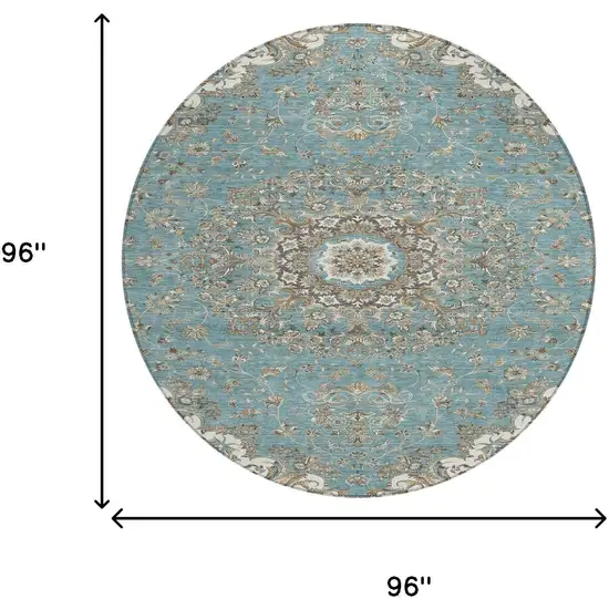 8' Teal Blue And Sage Round Floral Medallion Washable Indoor Outdoor Area Rug Photo 7