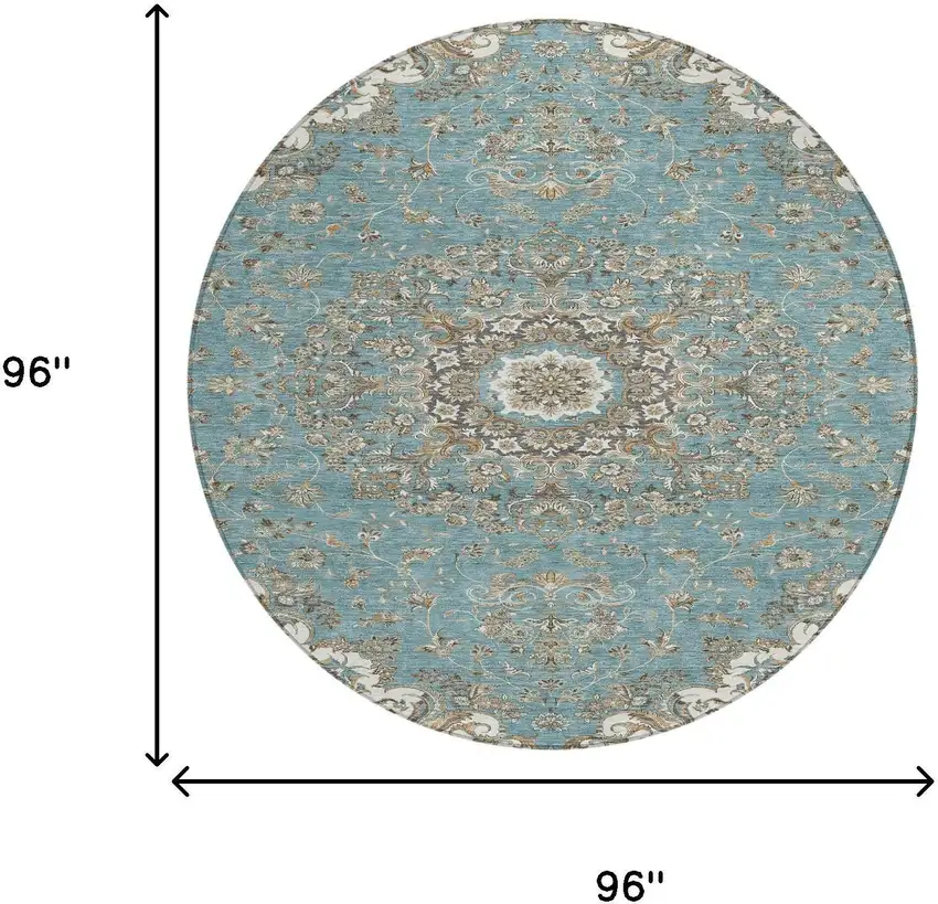 8' Teal Blue And Sage Round Floral Medallion Washable Indoor Outdoor Area Rug Photo 7