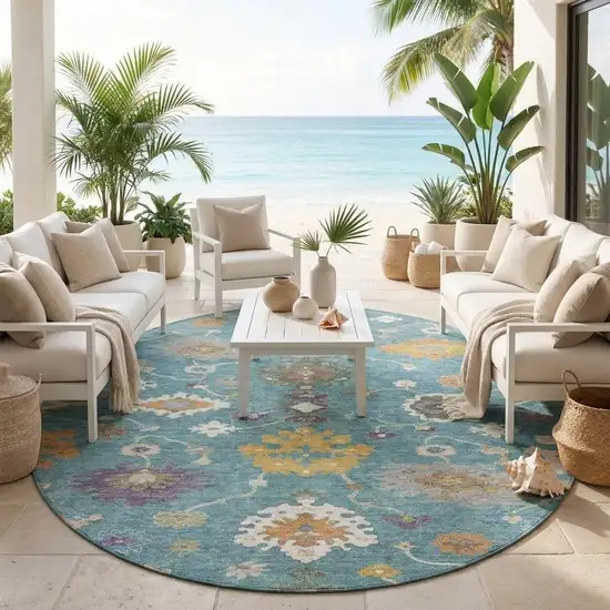 8' Teal Blue And Sage Round Oriental Washable Indoor Outdoor Area Rug Photo 1