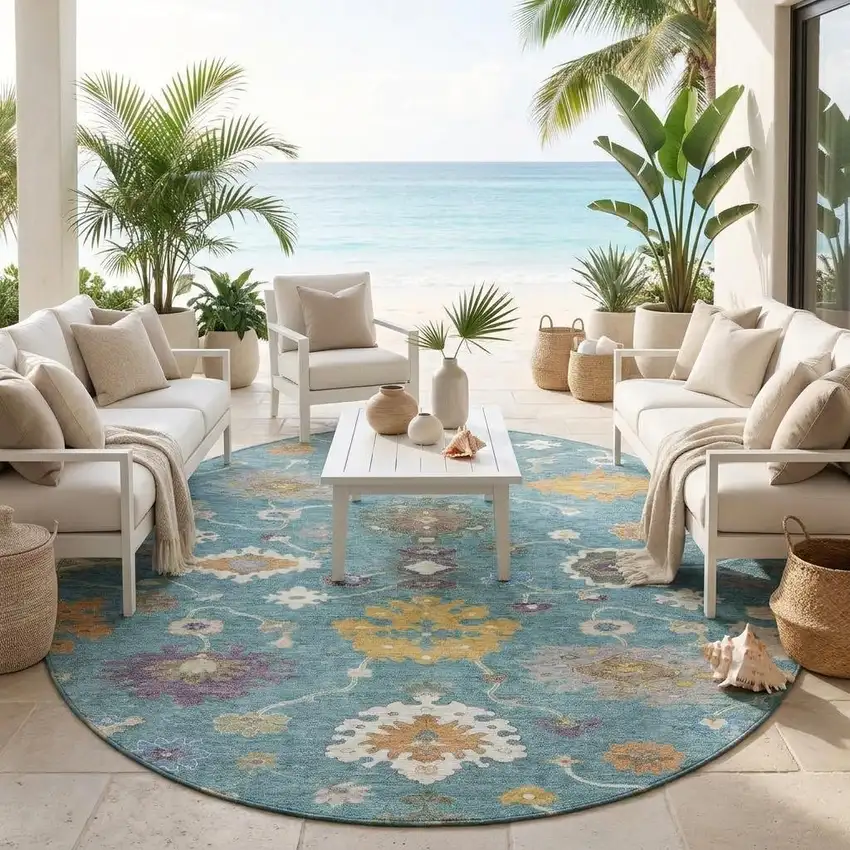 8' Teal Blue And Sage Round Oriental Washable Indoor Outdoor Area Rug Photo 1
