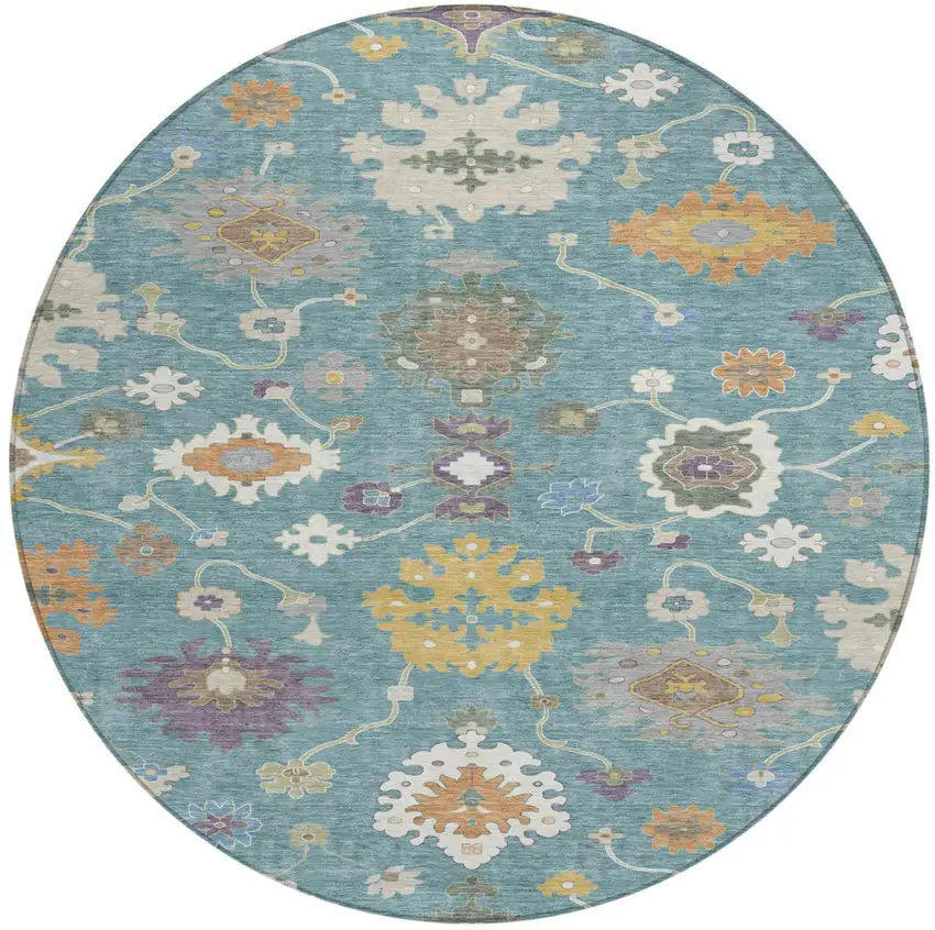 8' Teal Blue And Sage Round Oriental Washable Indoor Outdoor Area Rug Photo 2