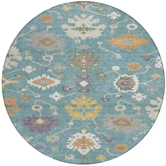 8' Teal Blue And Sage Round Oriental Washable Indoor Outdoor Area Rug Photo 2