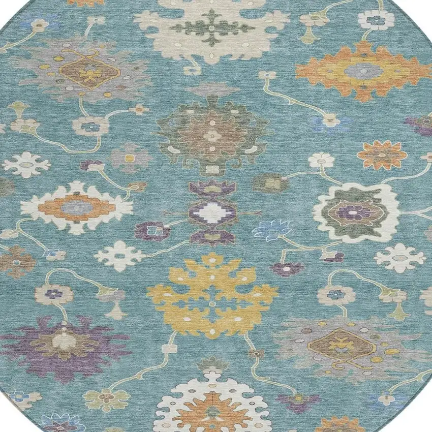 8' Teal Blue And Sage Round Oriental Washable Indoor Outdoor Area Rug Photo 4