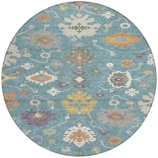 8' Teal Blue And Sage Round Oriental Washable Indoor Outdoor Area Rug Photo 3