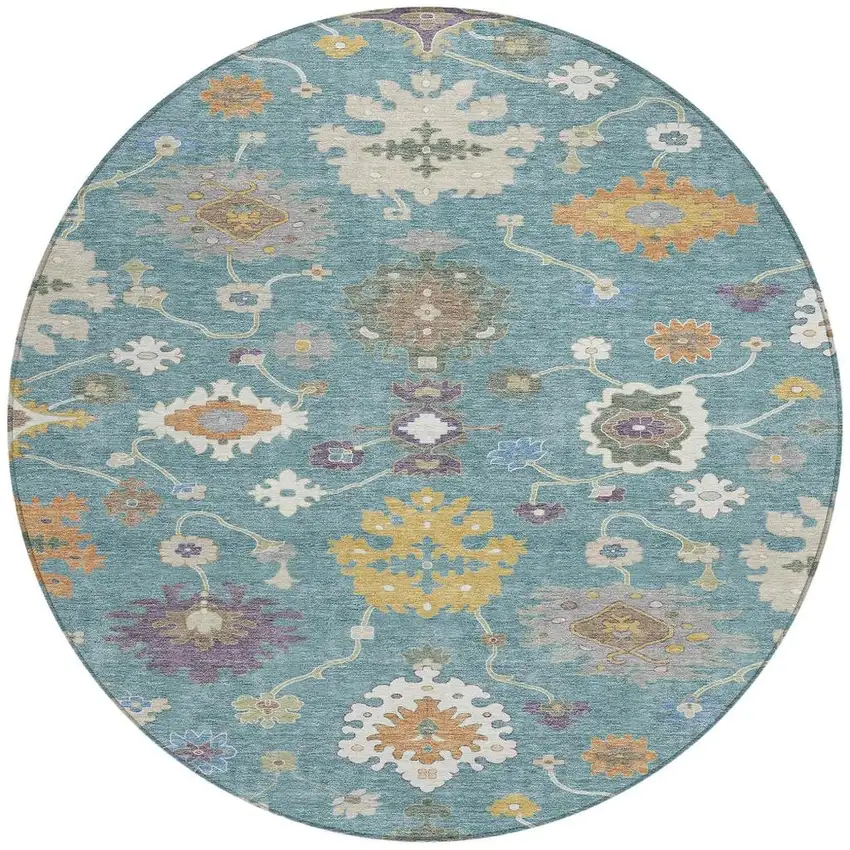 8' Teal Blue And Sage Round Oriental Washable Indoor Outdoor Area Rug Photo 3