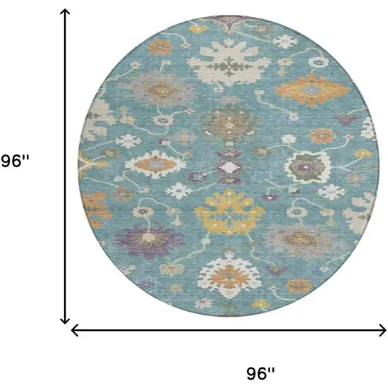 8' Teal Blue And Sage Round Oriental Washable Indoor Outdoor Area Rug Photo 7
