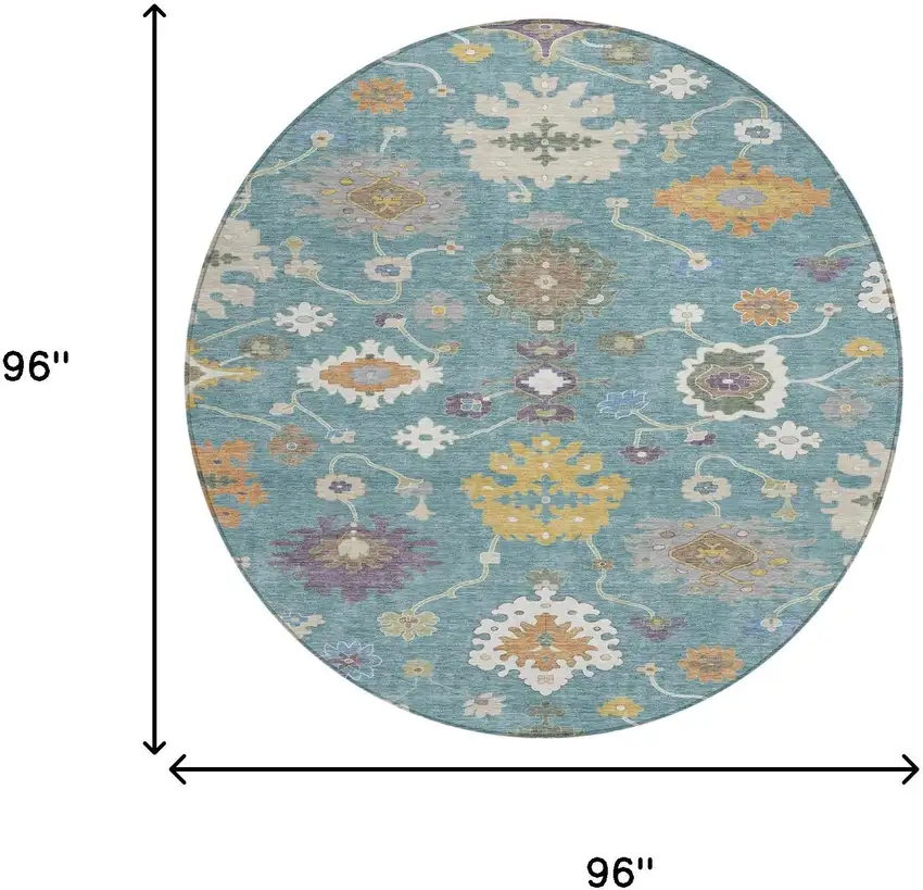 8' Teal Blue And Sage Round Oriental Washable Indoor Outdoor Area Rug Photo 7