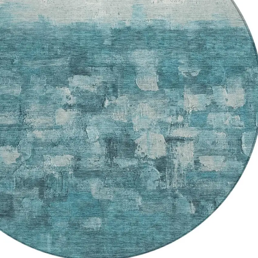 8' Teal Blue And Silver Round Abstract Washable Indoor Outdoor Area Rug Photo 4