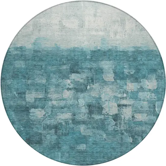 8' Teal Blue And Silver Round Abstract Washable Indoor Outdoor Area Rug Photo 2
