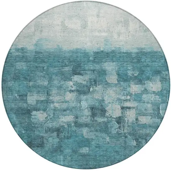 8' Teal Blue And Silver Round Abstract Washable Indoor Outdoor Area Rug Photo 5