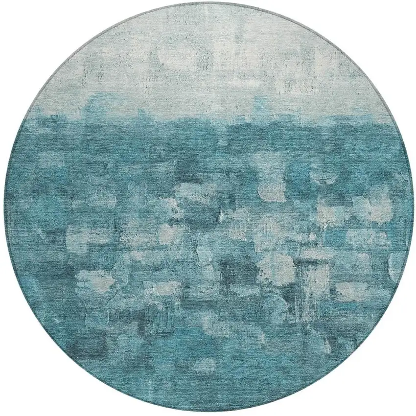 8' Teal Blue And Silver Round Abstract Washable Indoor Outdoor Area Rug Photo 5
