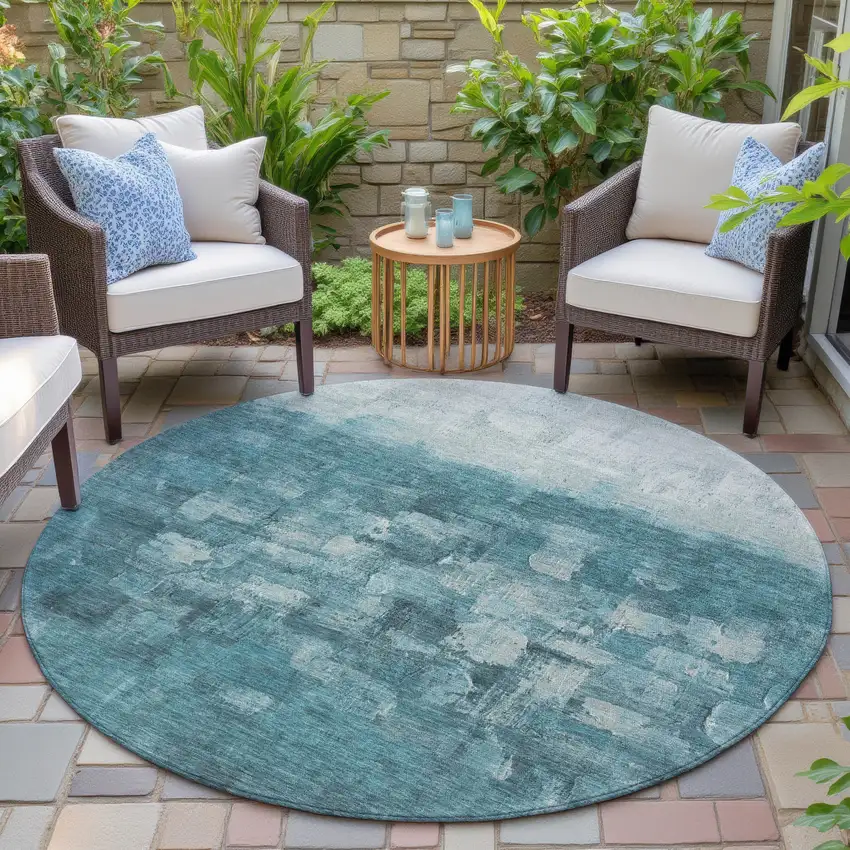 8' Teal Blue And Silver Round Abstract Washable Indoor Outdoor Area Rug Photo 6