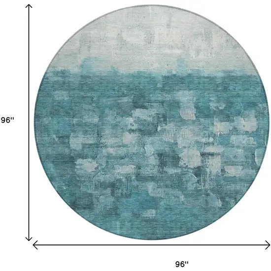 8' Teal Blue And Silver Round Abstract Washable Indoor Outdoor Area Rug Photo 3