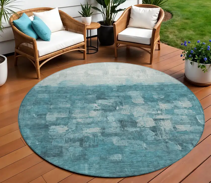 8' Teal Blue And Silver Round Abstract Washable Indoor Outdoor Area Rug Photo 1