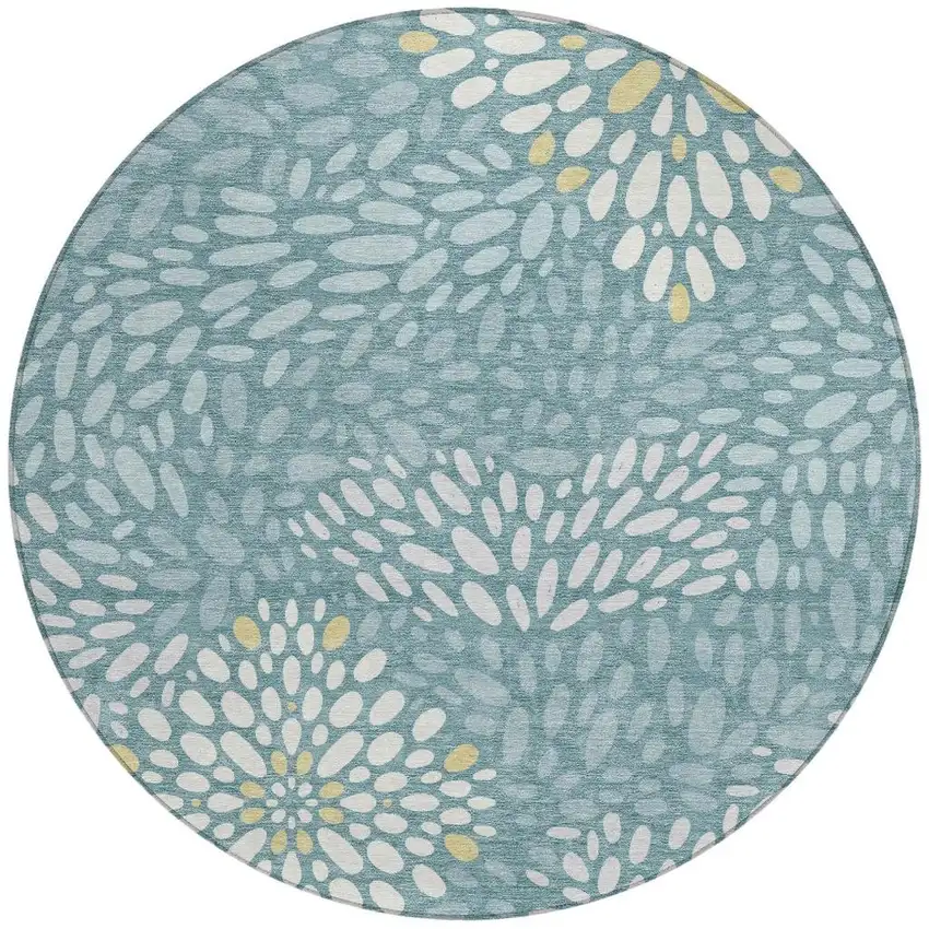 8' Teal Blue And Silver Round Abstract Washable Indoor Outdoor Area Rug Photo 3