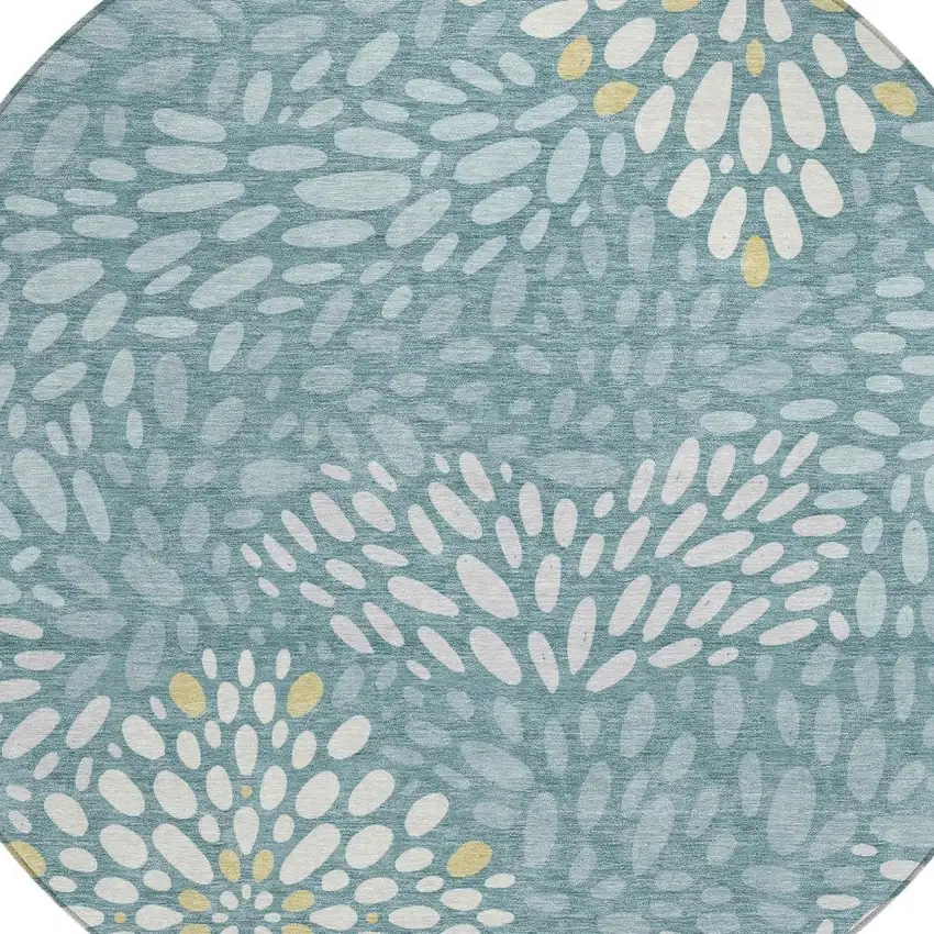 8' Teal Blue And Silver Round Abstract Washable Indoor Outdoor Area Rug Photo 2