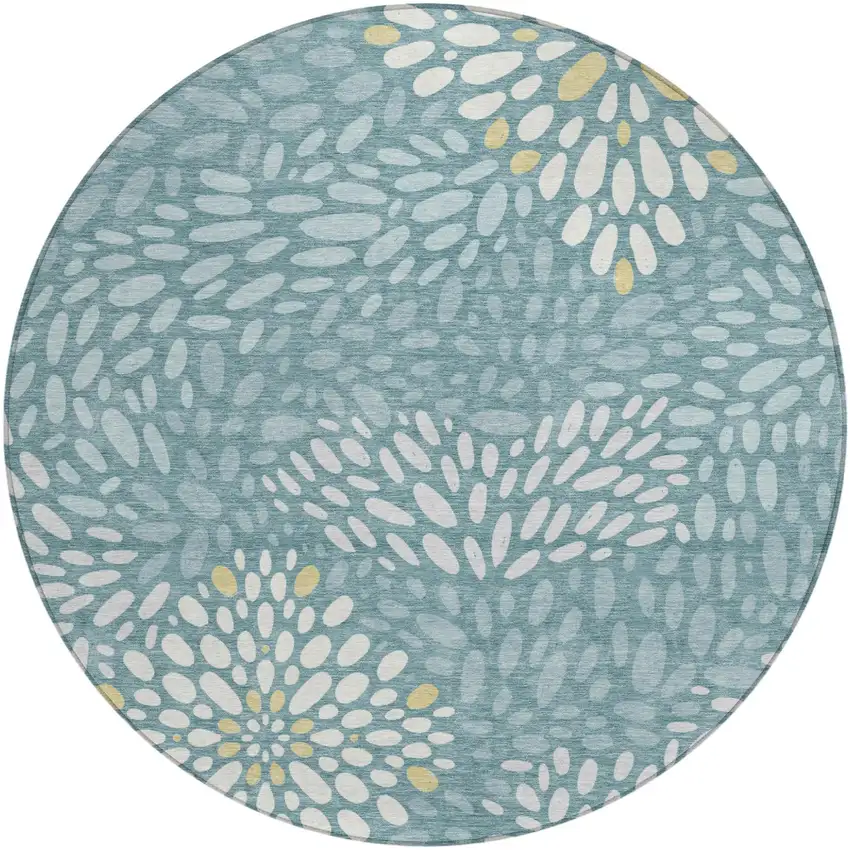 8' Teal Blue And Silver Round Abstract Washable Indoor Outdoor Area Rug Photo 1