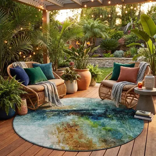 8' Teal Blue And Silver Round Abstract Washable Indoor Outdoor Area Rug Photo 1