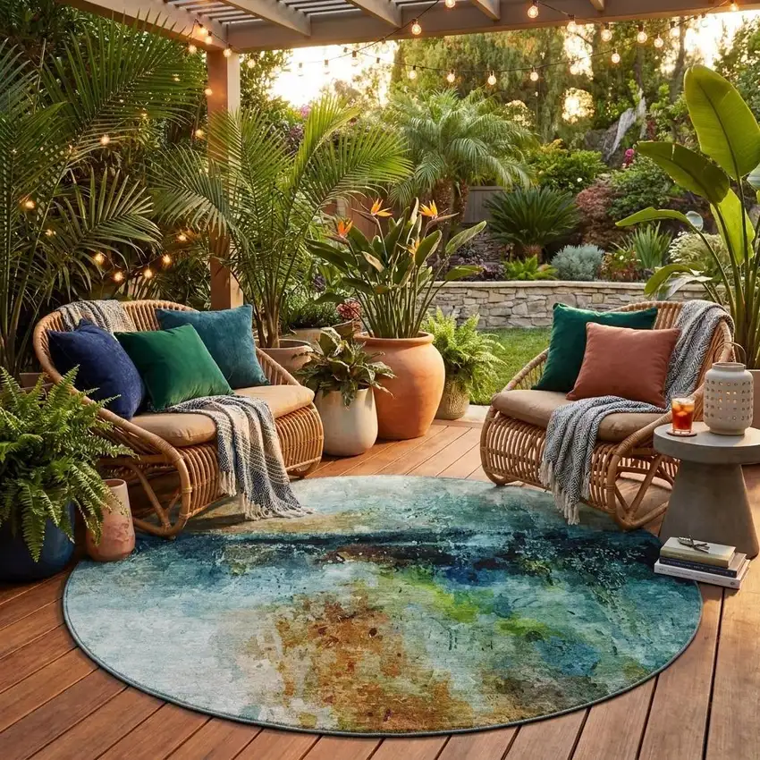 8' Teal Blue And Silver Round Abstract Washable Indoor Outdoor Area Rug Photo 1