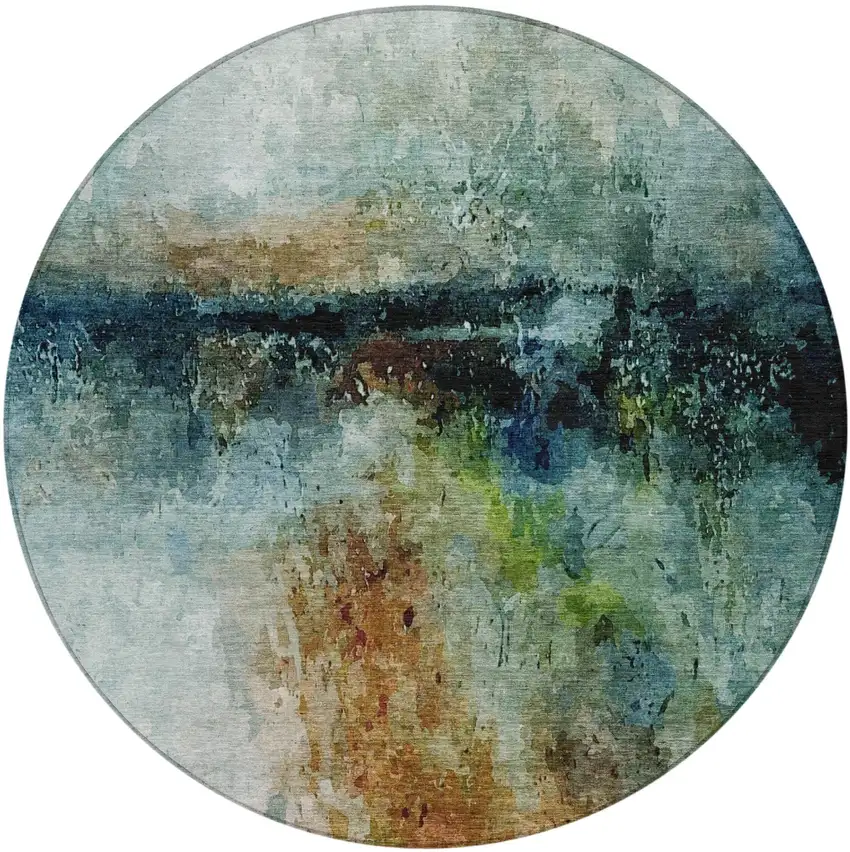 8' Teal Blue And Silver Round Abstract Washable Indoor Outdoor Area Rug Photo 2