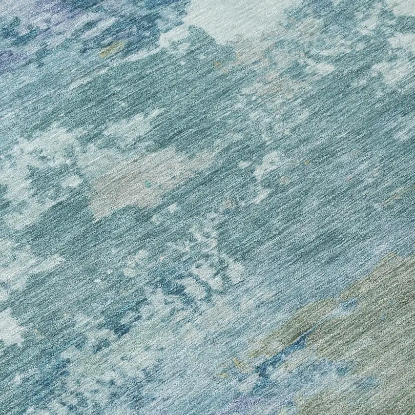 8' Teal Blue And Silver Round Abstract Washable Indoor Outdoor Area Rug Photo 4