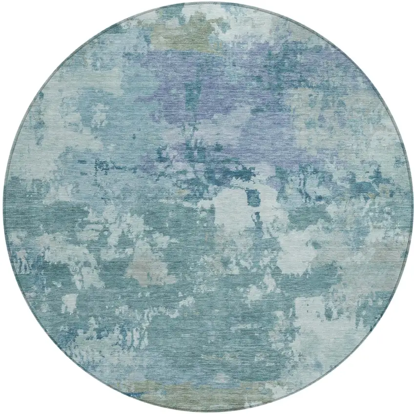 8' Teal Blue And Silver Round Abstract Washable Indoor Outdoor Area Rug Photo 2