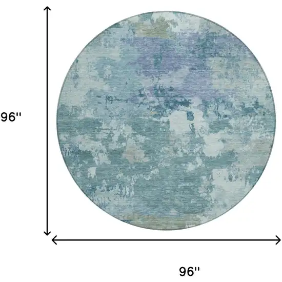 8' Teal Blue And Silver Round Abstract Washable Indoor Outdoor Area Rug Photo 5