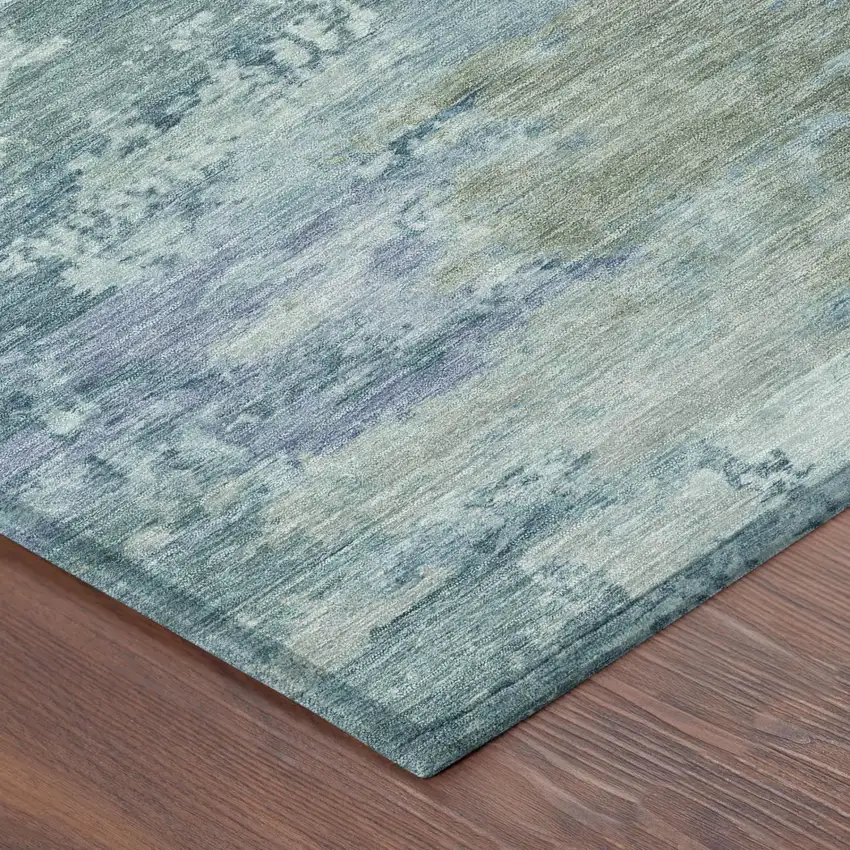 8' Teal Blue And Silver Round Abstract Washable Indoor Outdoor Area Rug Photo 3