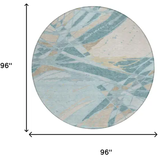 8' Teal Blue And Silver Round Abstract Washable Indoor Outdoor Area Rug Photo 5