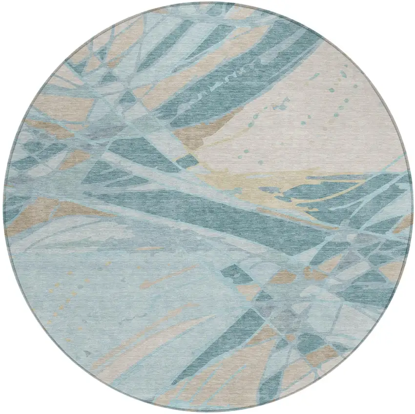 8' Teal Blue And Silver Round Abstract Washable Indoor Outdoor Area Rug Photo 2